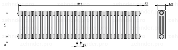 Схема (чертеж) Радиатор Zehnder Charleston 3057/34 №3470 Белый глянцевый RAL 9016